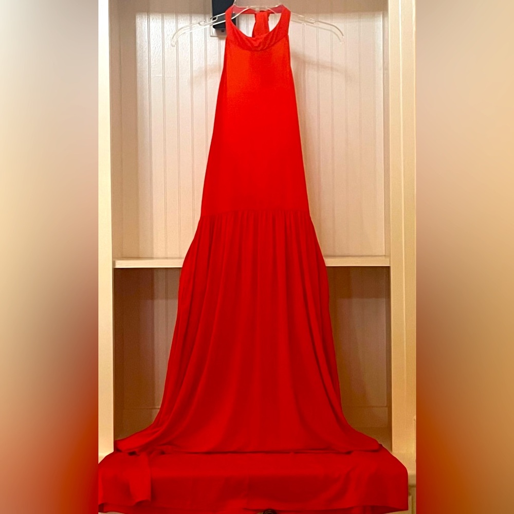VENUS Bright Tangerine-Colored Halter Maxi Dress w Pockets Ties at Neck Backless - Picture 9 of 14